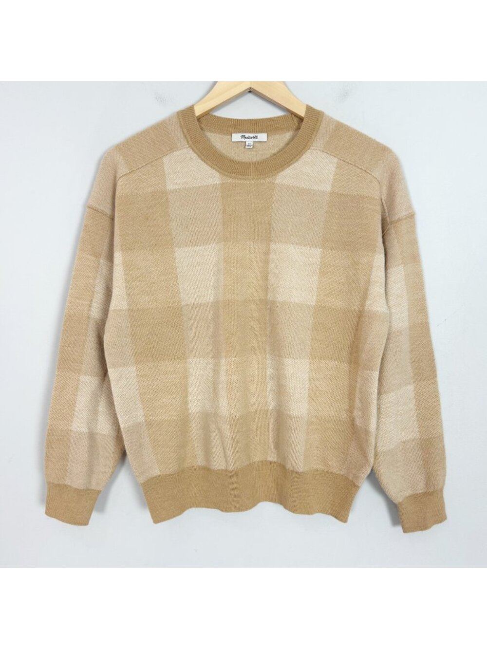 Madewell Tan Windowpane Crewneck Sweater Plaid Wool Size XS Women's